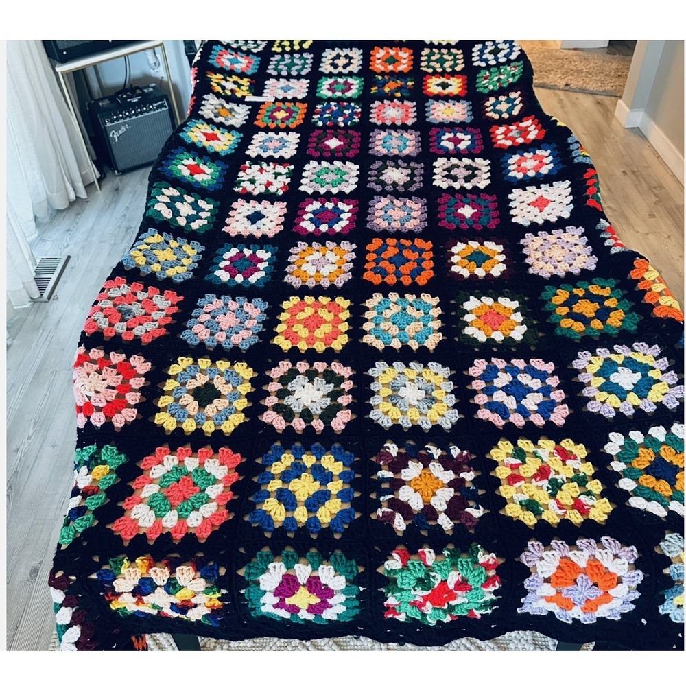 Vintage Handmade Granny Square Crochet Blanket Throw Large King Size 120" - Picture 6 of 8